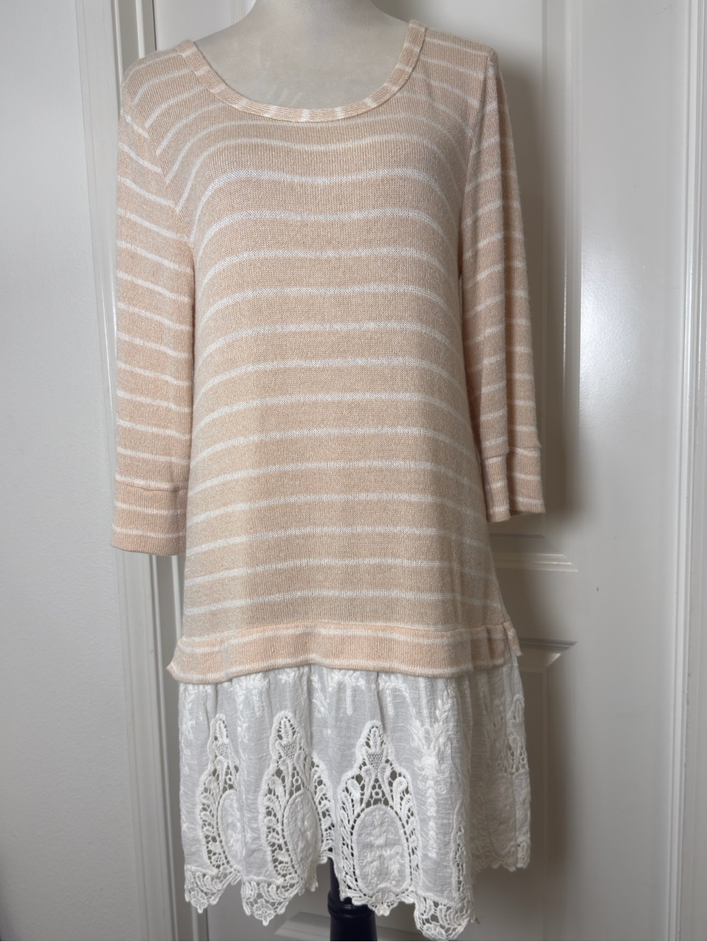 A'Reve Cream & White Striped Tunic with Lace Hem